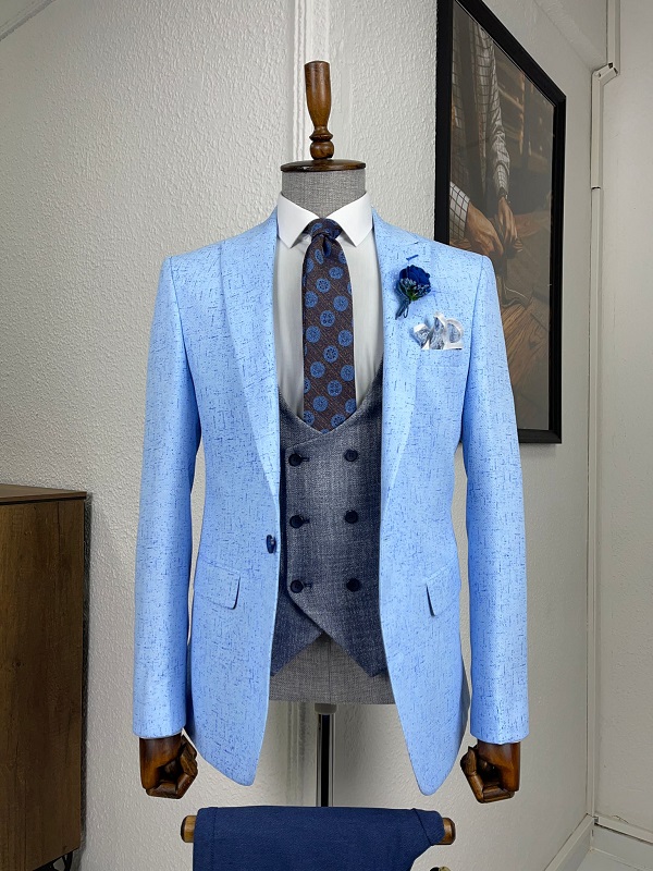 Blue Slim Fit Patterned Linen Suit for Men by Gentwith.com with Free Worldwide Shipping
