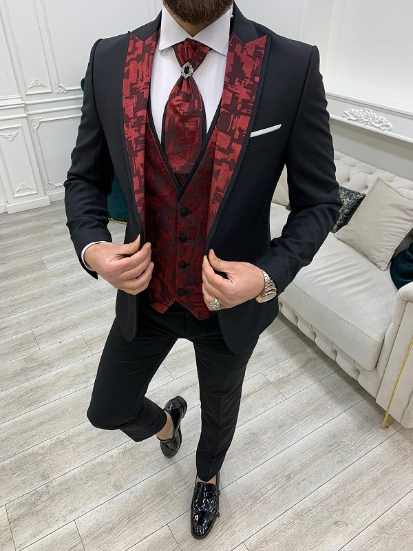 Burgundy Black Slim Fit Peak Lapel Wedding Suit by GentWith.com