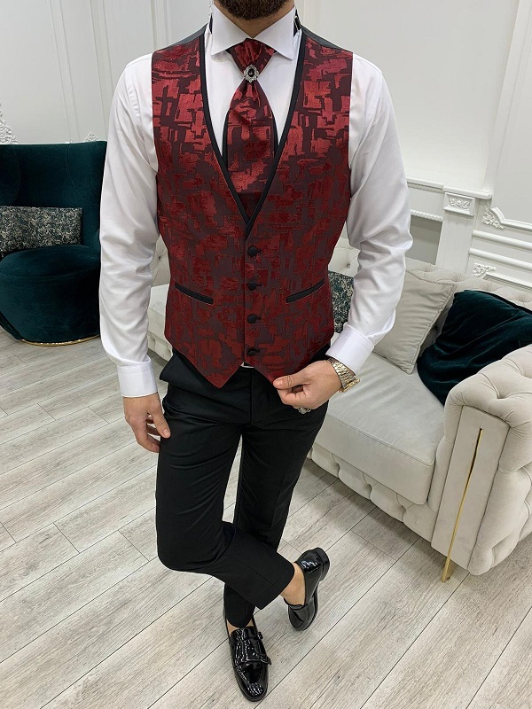 Burgundy Black Slim Fit Peak Lapel Wedding Suit for Men by Gentwith.com with Free Worldwide Shipping