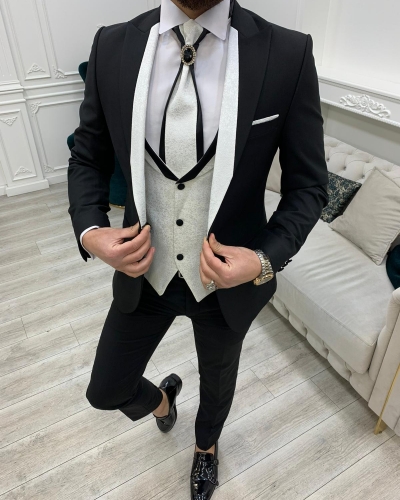 White Black Slim Fit Peak Lapel Wedding Suit for Men by Gentwith.com with Free Worldwide Shipping