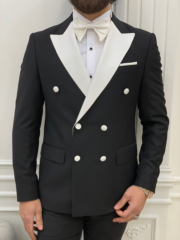 White Black Slim Fit Double Breasted Tuxedo by GentWith.com