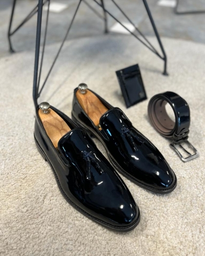 Black Patent Leather Tassel Loafers Shoes for Men by Gentwith.com with Free Worldwide Shipping