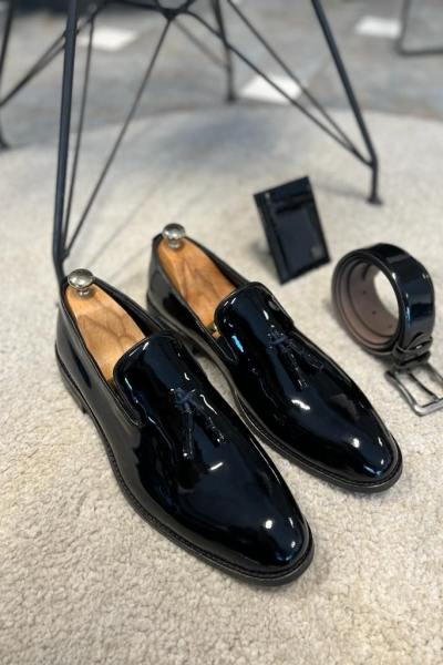 Black Patent Leather Tassel Loafers Shoes for Men by Gentwith.com with Free Worldwide Shipping