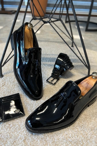 Black Patent Leather Tassel Loafers Shoes for Men by Gentwith.com with Free Worldwide Shipping