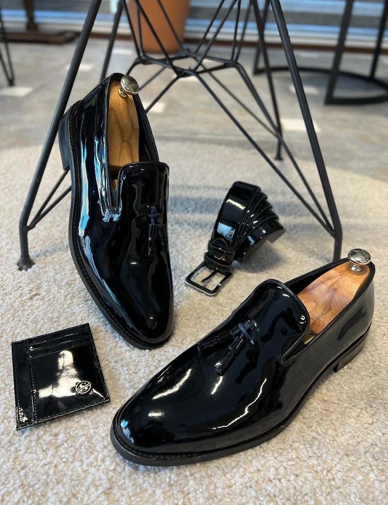 Black Patent Leather Tassel Loafers Shoes for Men by Gentwith.com with Free Worldwide Shipping