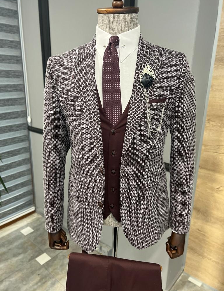 Burgundy Slim Fit Peak Lapel Patterned Suit for Men by Gentwith.com with Free Worldwide Shipping