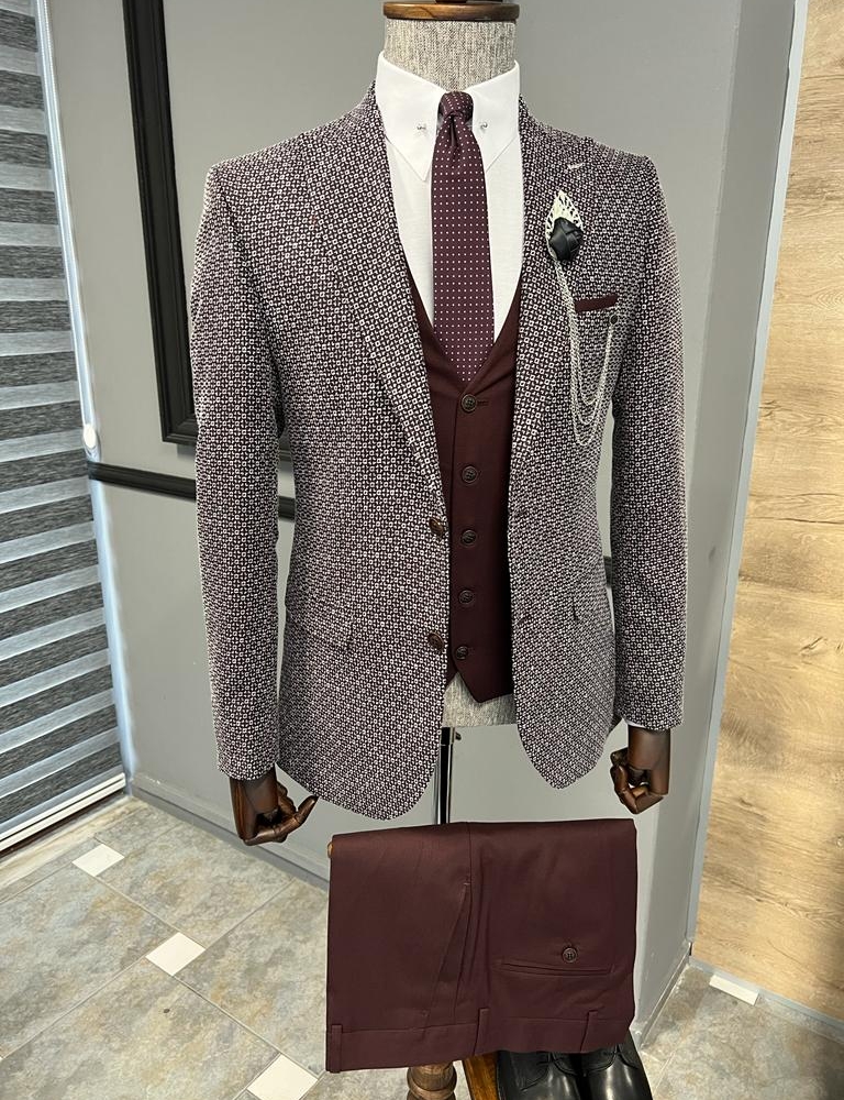 Burgundy Slim Fit Peak Lapel Patterned Suit for Men by Gentwith.com with Free Worldwide Shipping