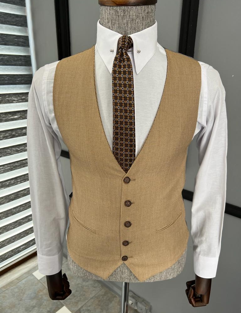 Camel Gray Slim Fit Peak Lapel Check Suit for Men by Gentwith.com with Free Worldwide Shipping