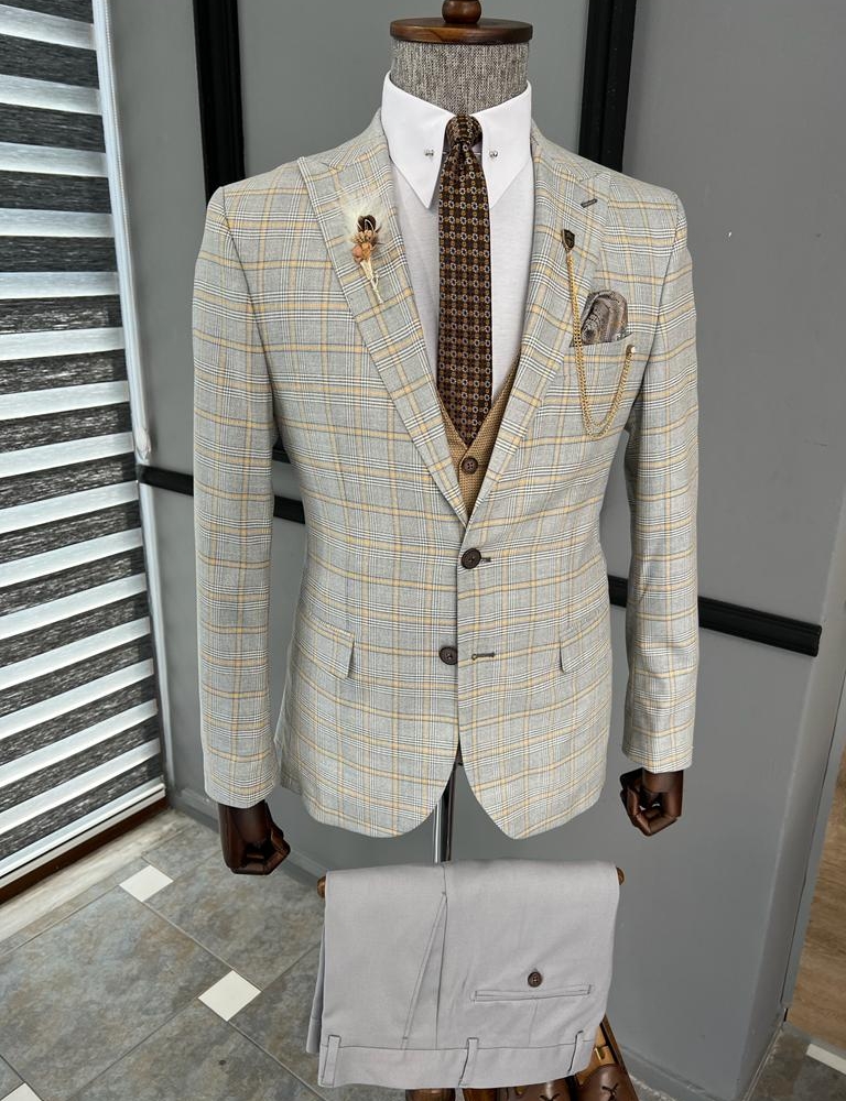 Camel Gray Slim Fit Peak Lapel Check Suit for Men by Gentwith.com with Free Worldwide Shipping