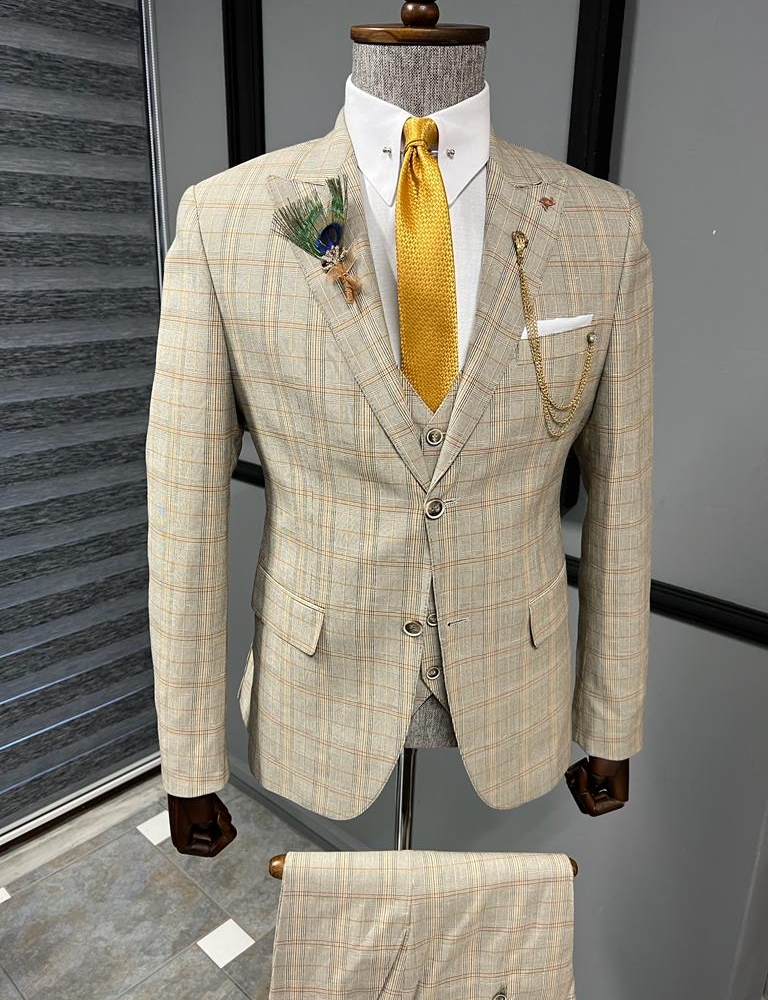 Camel Slim Fit Peak Lapel Plaid Suit for Men by Gentwith.com with Free Worldwide Shipping