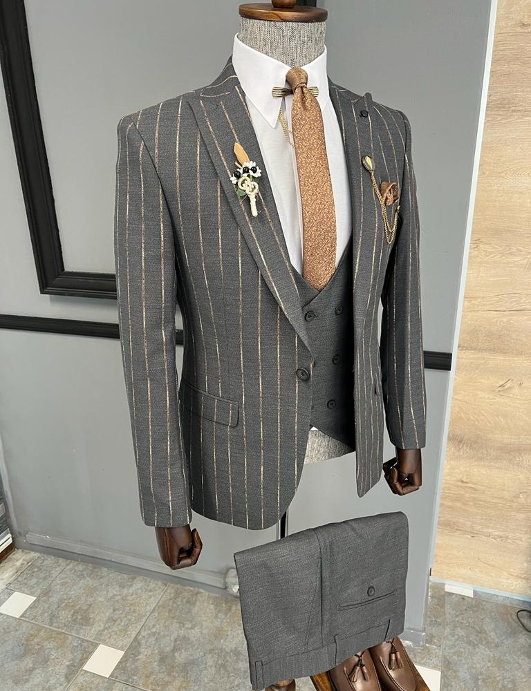 Gray Brown Slim Fit Peak Lapel Striped Suit for Men by Gentwith.com with Free Worldwide Shipping