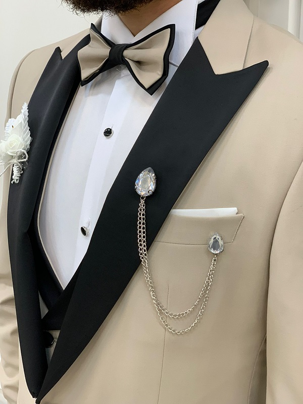 Beige Slim Fit Italian Design Peak Lapel Tuxedo for Men by GentWith.com