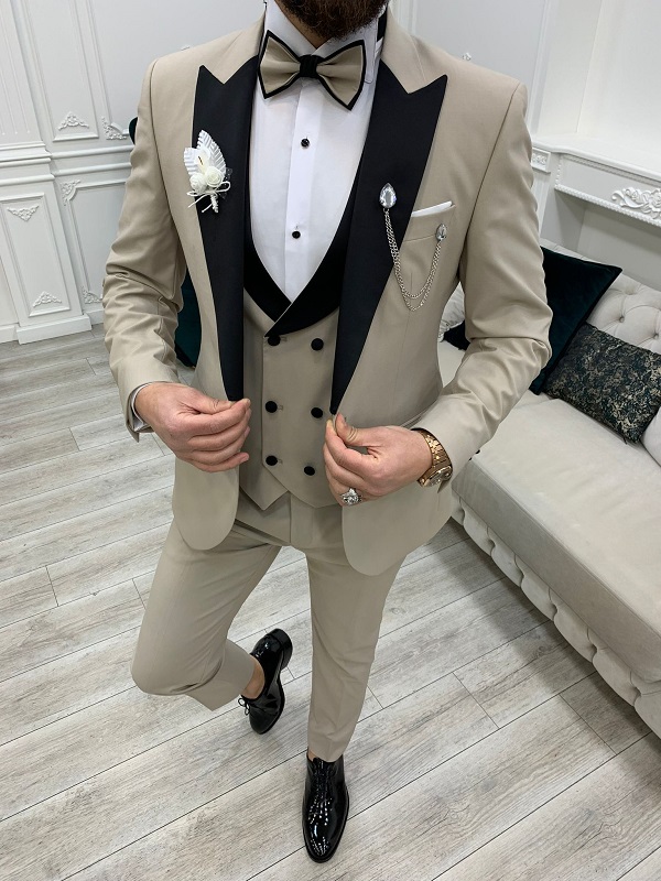 Beige Slim Fit Italian Design Peak Lapel Tuxedo for Men by GentWith.com