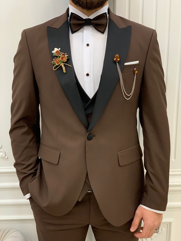 Coffee Brown Slim Fit Peak Lapel Tuxedo for Men by Gentwith.com with Free Worldwide Shipping