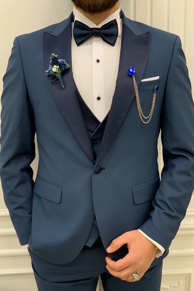Blue Slim Fit Peak Lapel Tuxedo for Men by Gentwith.com with Free Worldwide Shipping