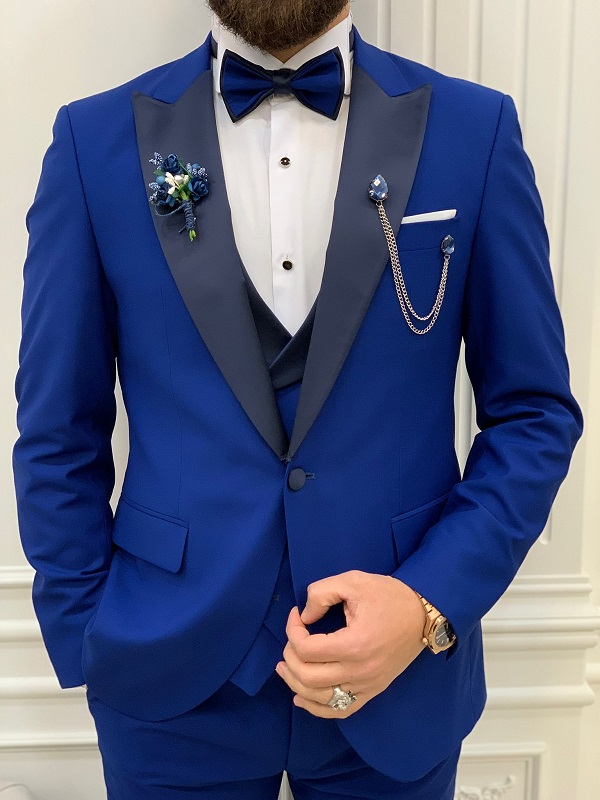 Royal Blue Men Suits Yellow Vest Wedding Formal Tuxedos Peak Lapel Jacket  Custom