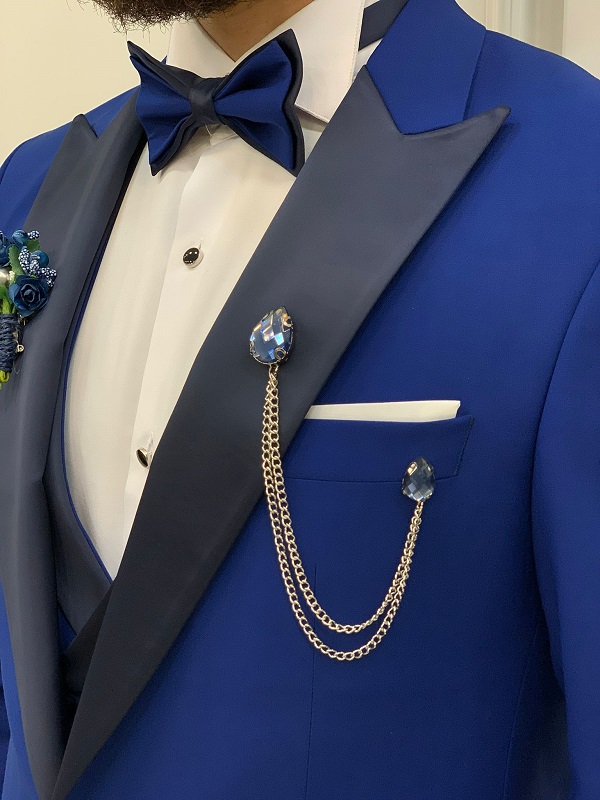 Royal Blue Men Suits Yellow Vest Wedding Formal Tuxedos Peak Lapel Jacket  Custom