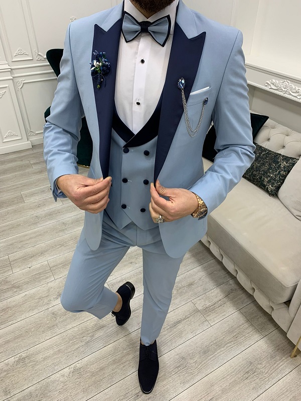 Sky Blue Slim Fit Italian Design Peak Lapel Tuxedo for Men by GentWith