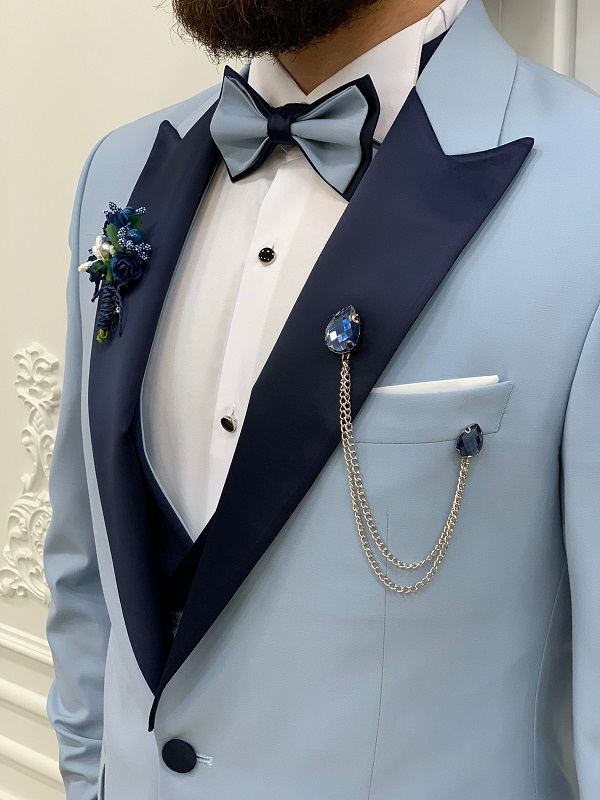 Light Blue Tuxedo Slim Fit Peak Lapel with Button Chain 3-Piece Set, 46L Coat - 40 Waist