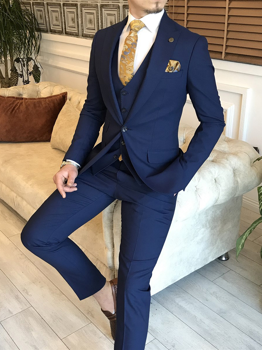 Buy Men Peak Lapel Royal Blue 3 Piece Suit,30% Off