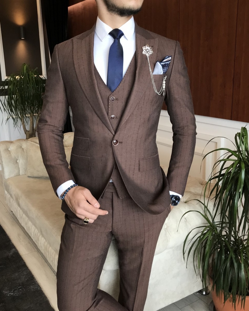 Brown Slim Fit Peak Lapel Pinstripe Suit for Men by GentWith