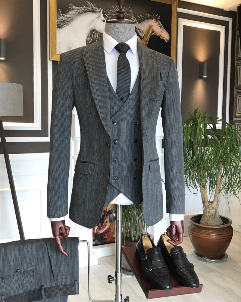 Gray Slim Fit Striped Suit for Men by GentWith.com