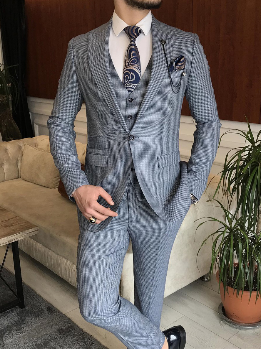 Italian Cut Light Grey 3 Piece Suit with Mini Check Vest – Uomo Attire