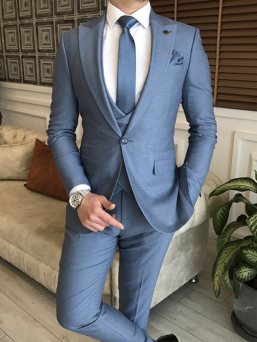 Azure Blue Slim Fit Peak Lapel Suit for Men by