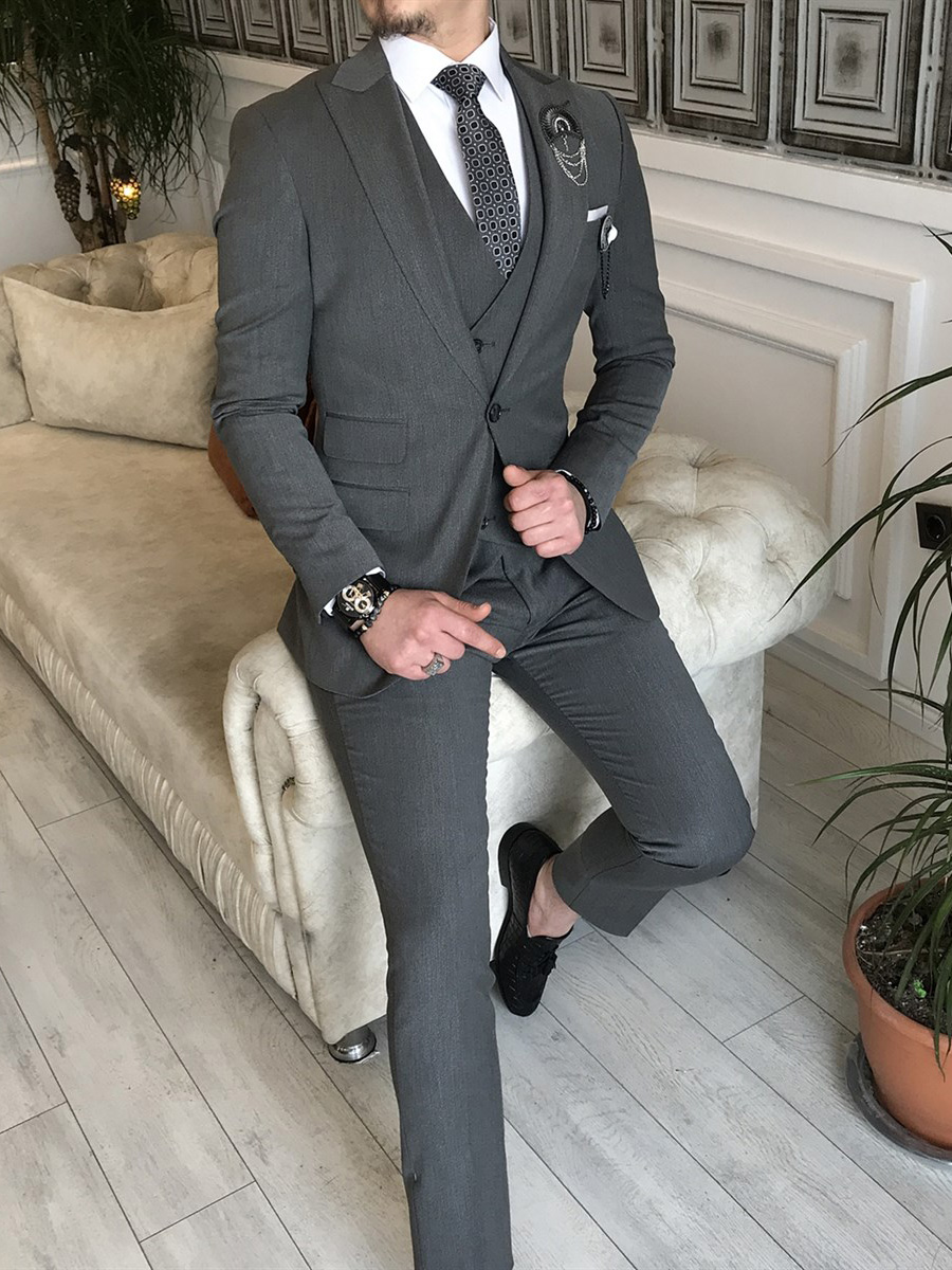 Gray Slim Fit Peak Lapel Suit for Men by