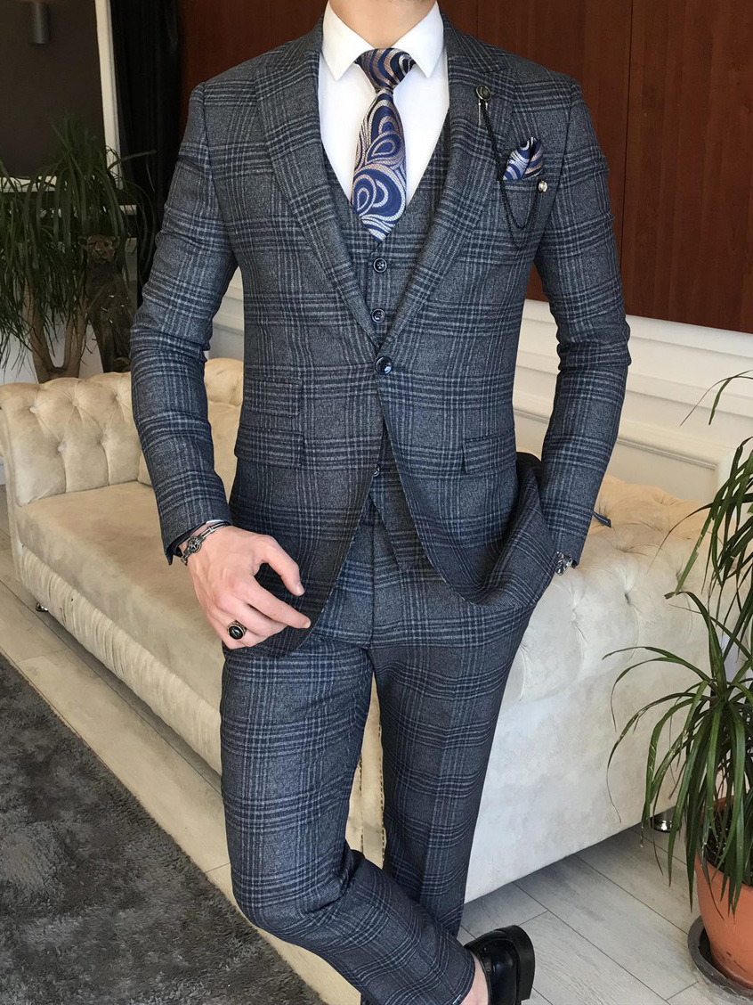 Navy Slim Fit Peak Lapel Windowpane Suit for Men by GentWith.com