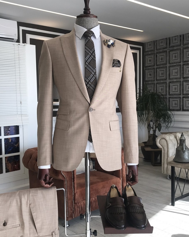 Beige Slim Fit Italian Designed Suit for Men by GentWith.com with Free Worldwide Shipping