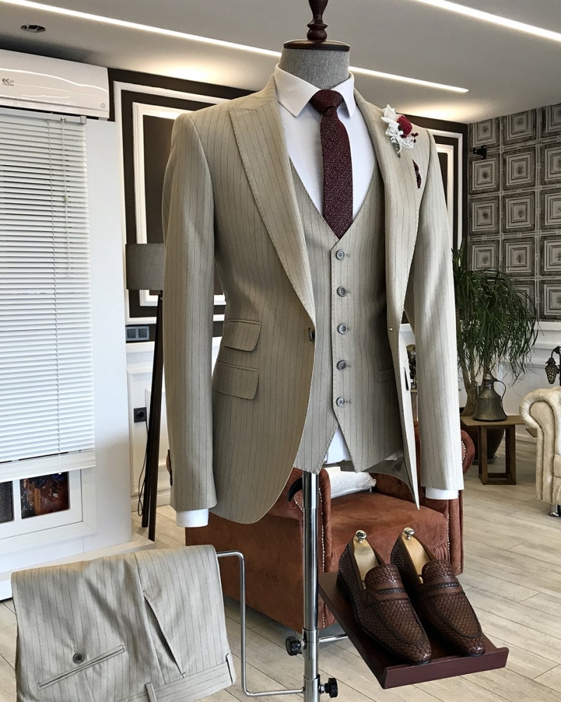 Beige Slim Fit Italian Designed Suit for Men by GentWith.com with Free Worldwide Shipping