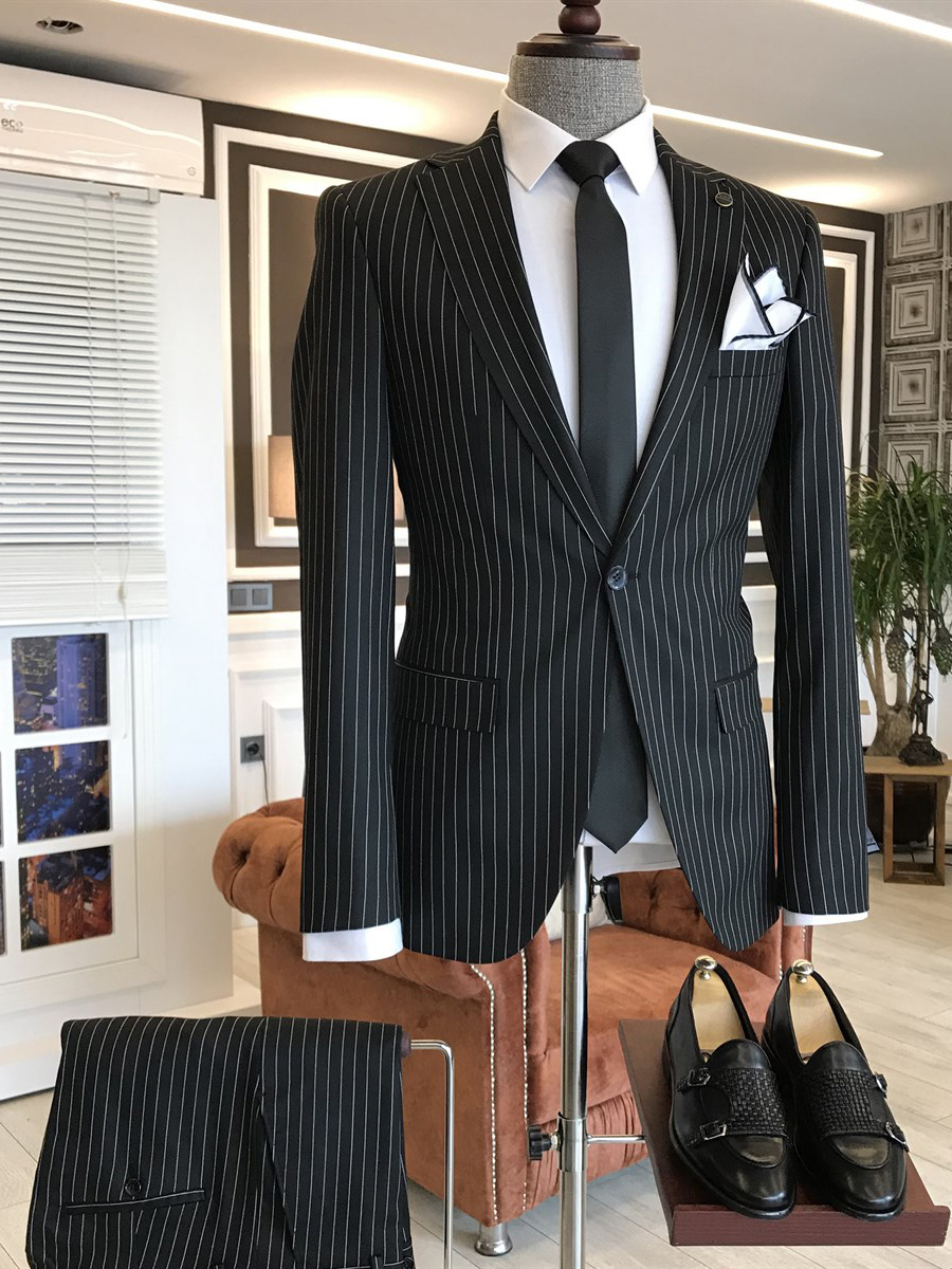 Black Slim Fit 2 Piece Peak Lapel Pinstripe Suit for Men