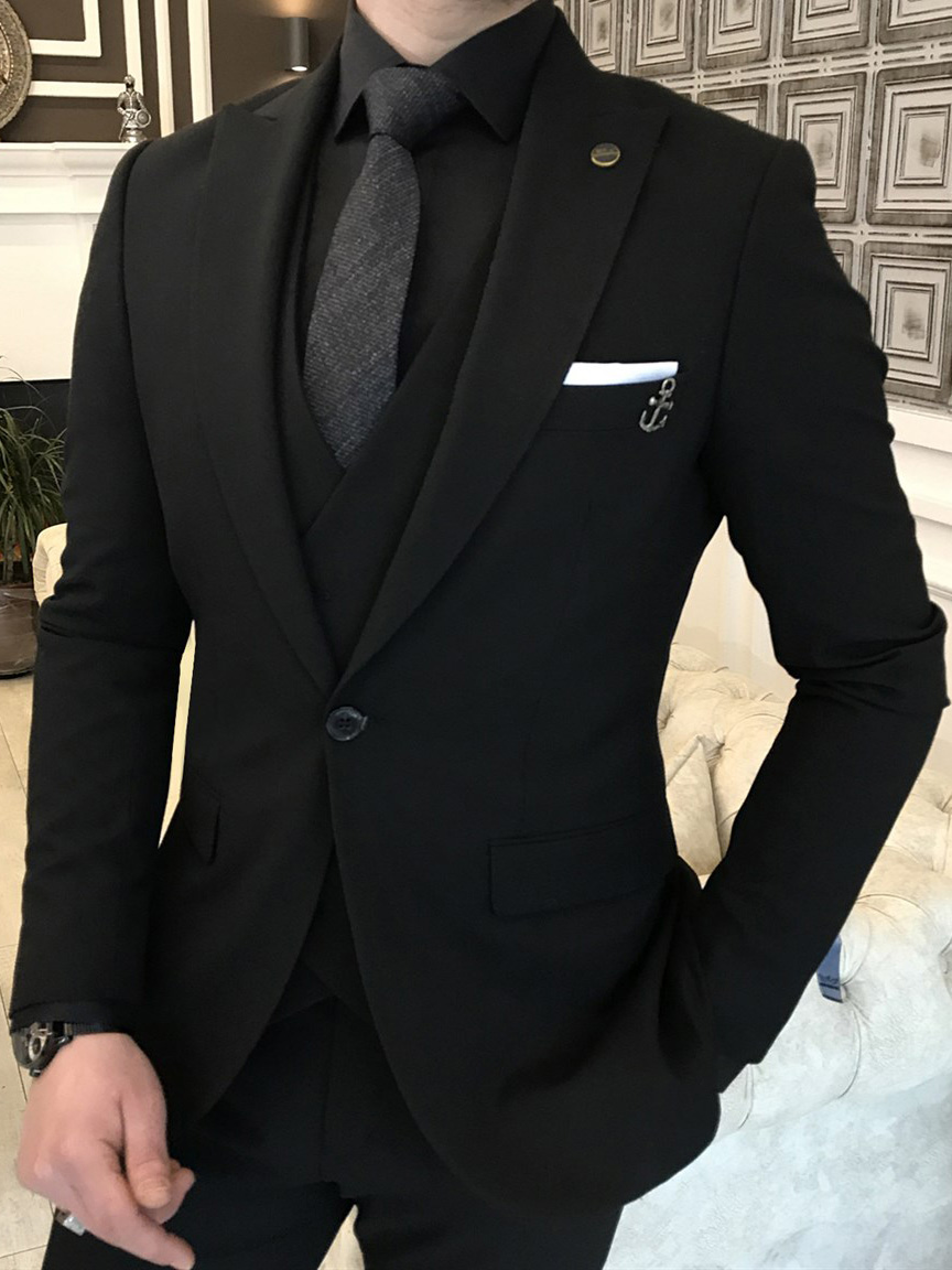 Black Italian Tuxedo Suits with Satin Lapel