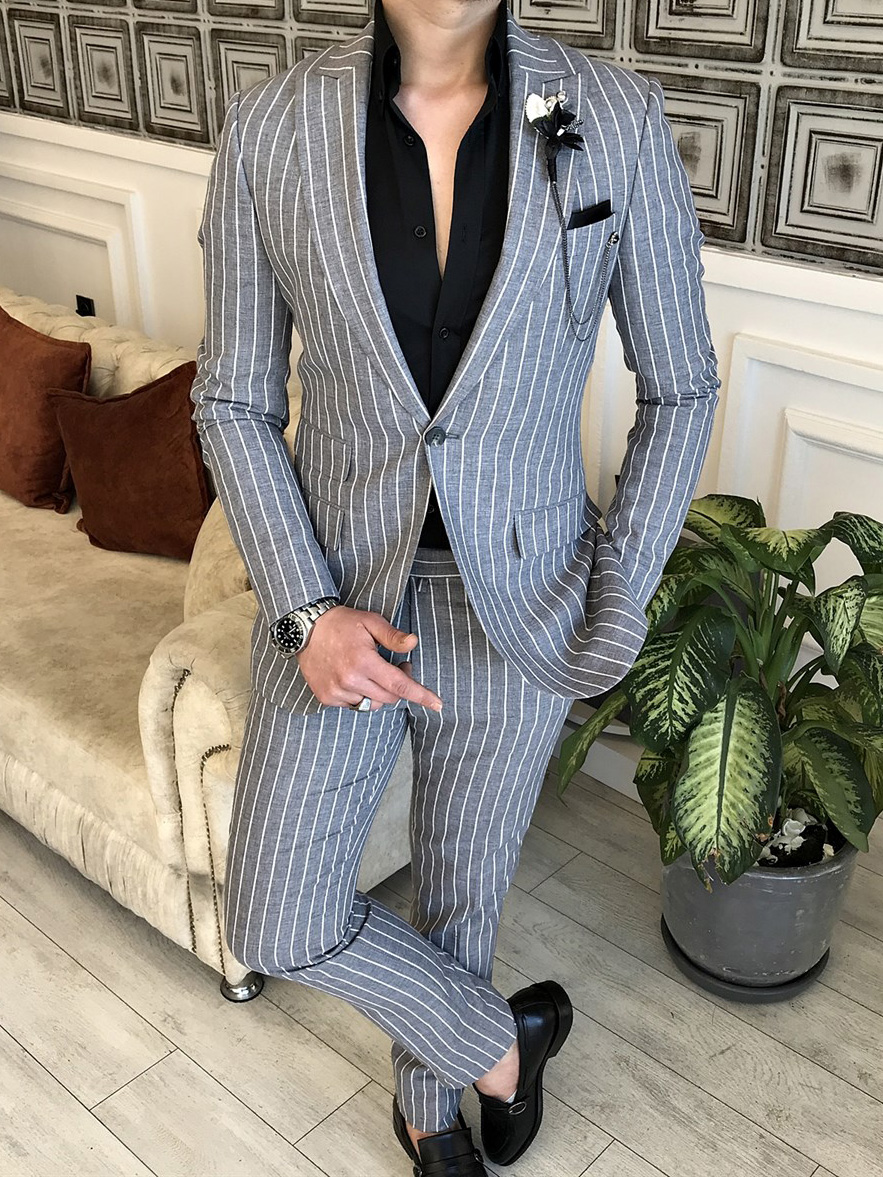 White Gray Slim Fit 2 Piece Peak Lapel Pinstripe Suit for Men by GentWith