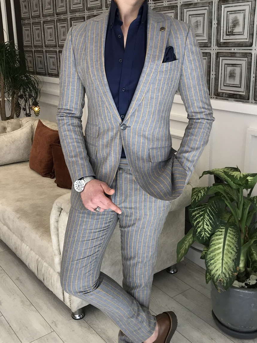 Monroe Slim Fit Light Grey Stripe Suit – MenSuitsPage