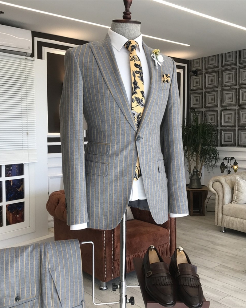 Yellow Grey Slim Fit Italian Designed Suit for Men by GentWith.com with Free Worldwide Shipping