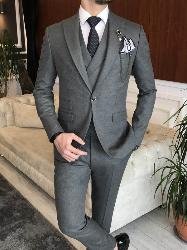 Gray Slim Fit Peak Lapel Suit For Men By
