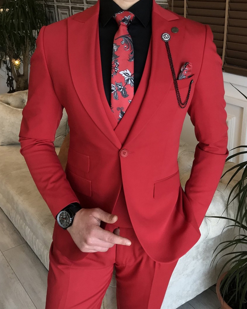 Red Slim Fit Peak Lapel Suit for Men by GentWith.com