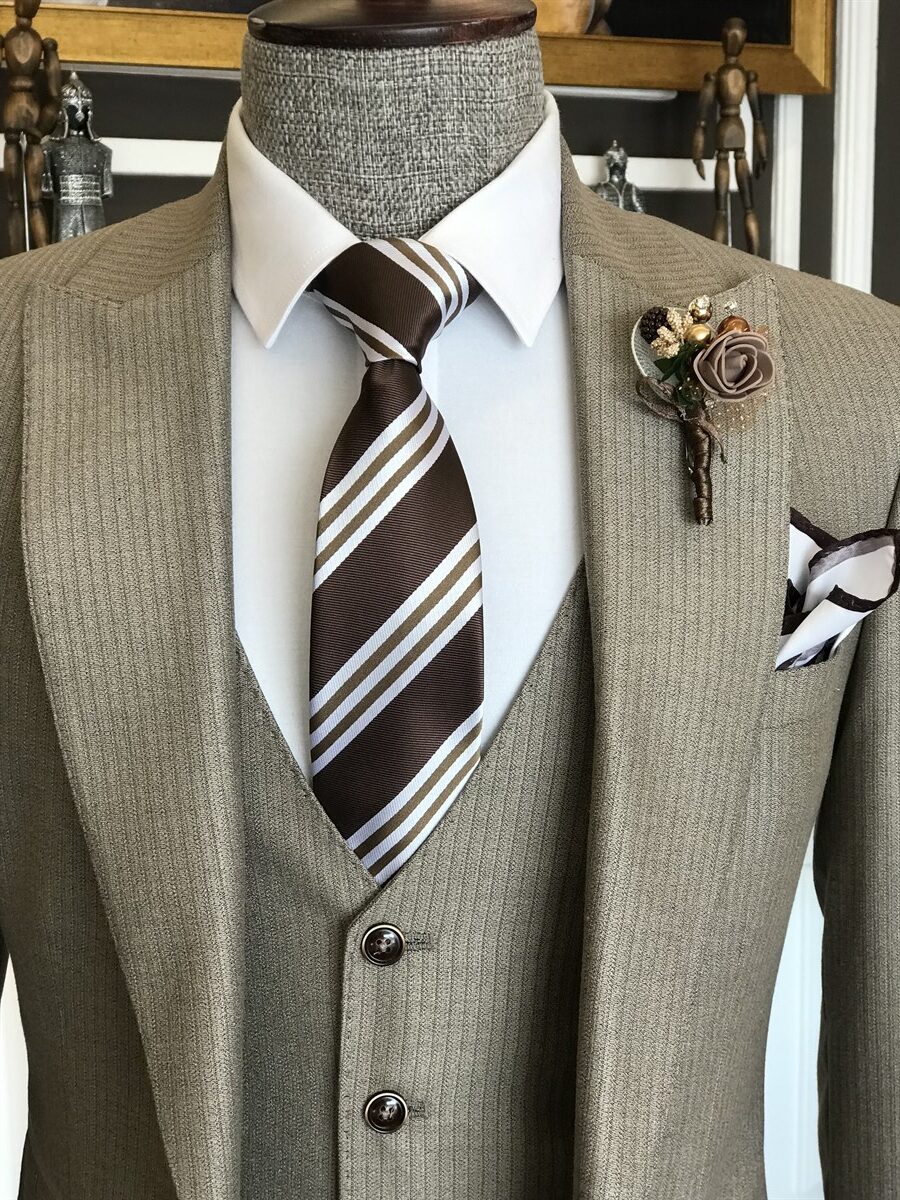 Beige Slim Fit Striped Suit for Men by GentWith.com
