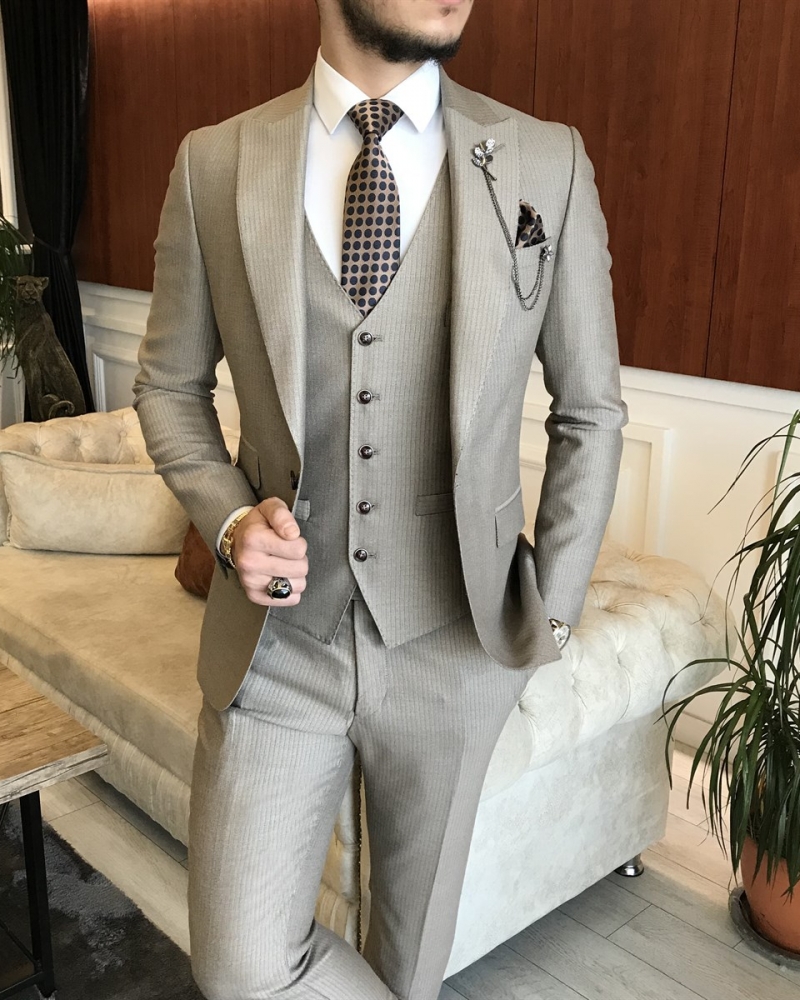 Beige Slim Fit Striped Suit for Men by GentWith.com