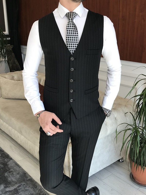 Black Slim Fit Peak Lapel Pinstripe Suit for Men by