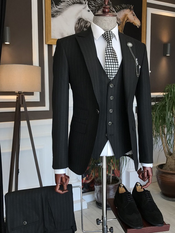 Black Slim Fit 2 Piece Peak Lapel Pinstripe Suit for Men
