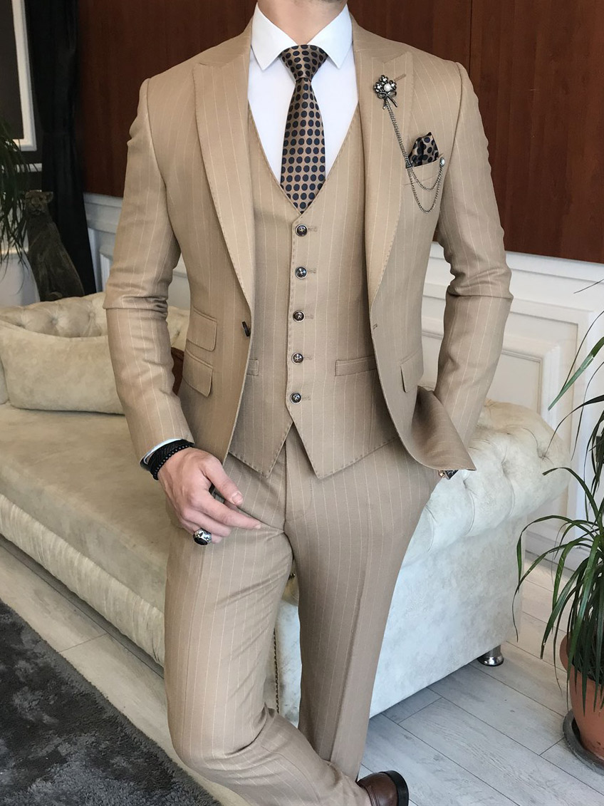 Camel Slim Fit Peak Lapel Pinstripe Suit for Men by GentWith