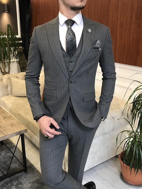 Dark Gray Slim Fit Peak Lapel Pinstripe Suit for Men by GentWith