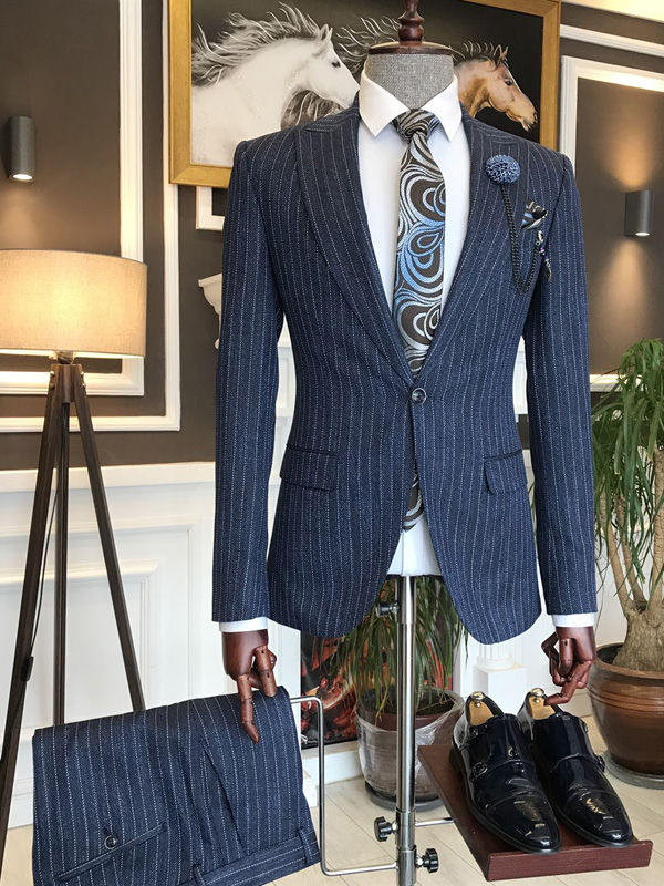 BespokeDaily Groton Light Blue Slim Fit Double Breasted Pinstripe Suit