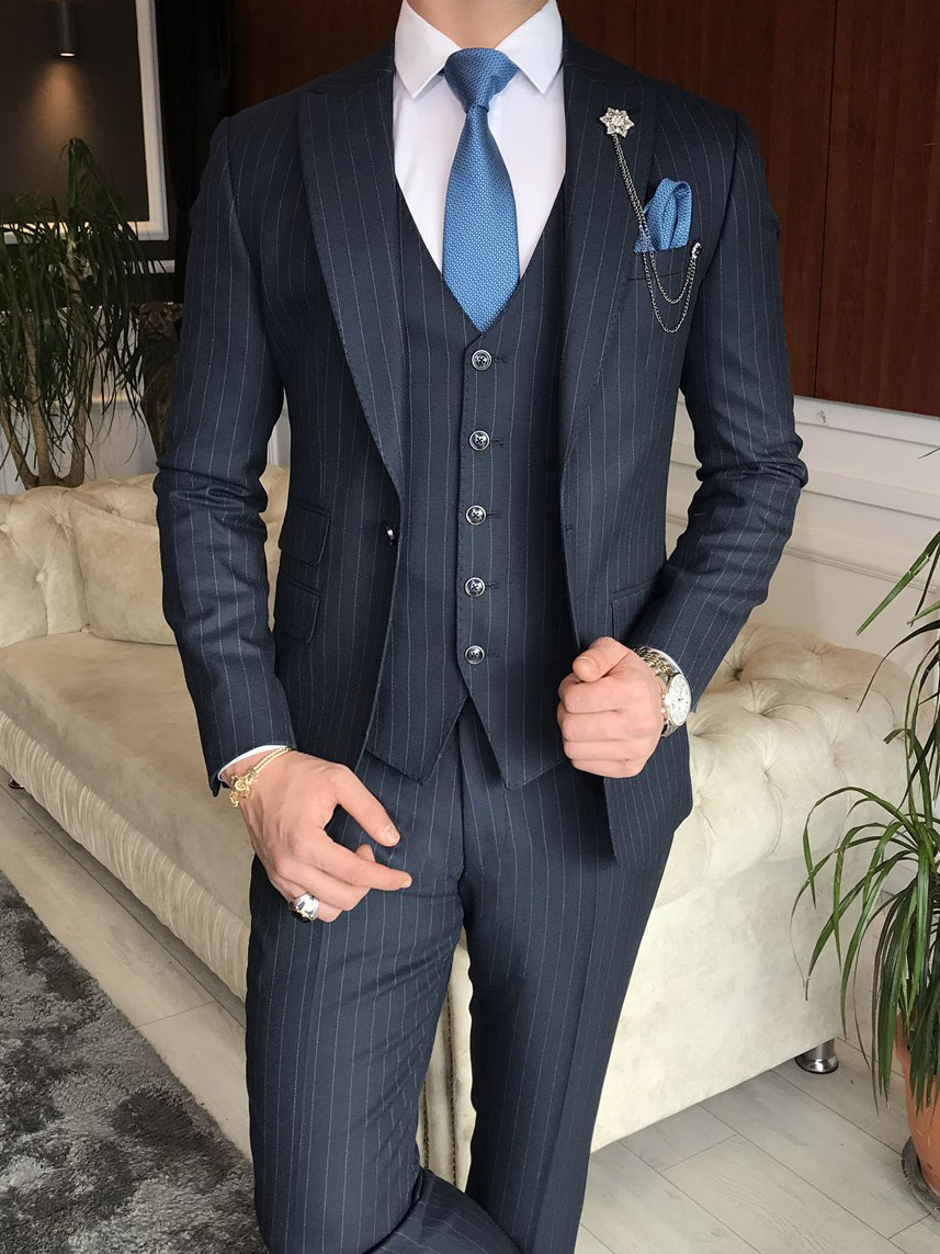 Black Slim Fit Peak Lapel Pinstripe Suit for Men by
