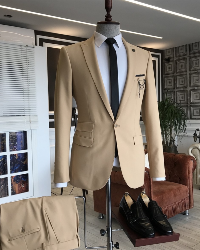 Beige Slim Fit Italian Designed Suit for Men by GentWith.com with Free Worldwide Shipping