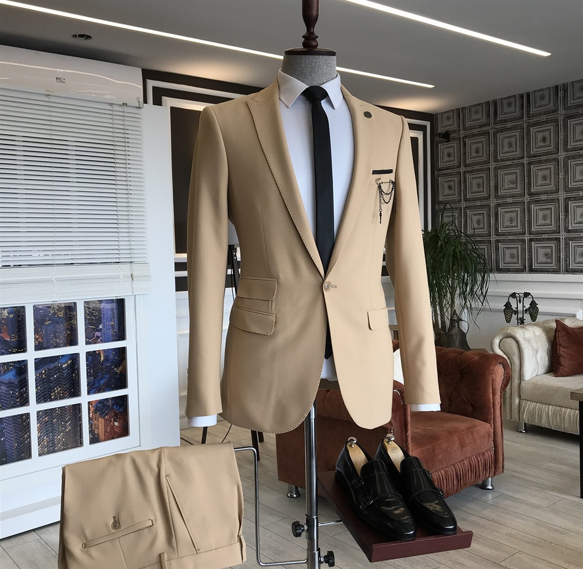 Beige Slim Fit 2 Piece Peak Lapel Suit for Men by GentWith.com