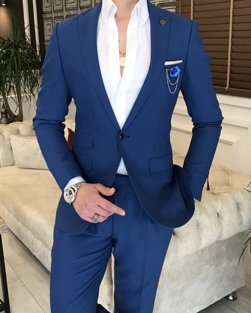 Blue Slim Fit 2 Piece Peak Lapel Suit for Men by GentWith.com